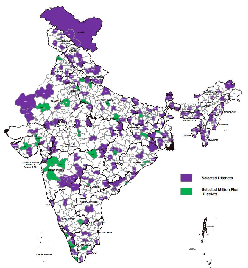 Map of India showing districts selected for the NMHS-2 Survey